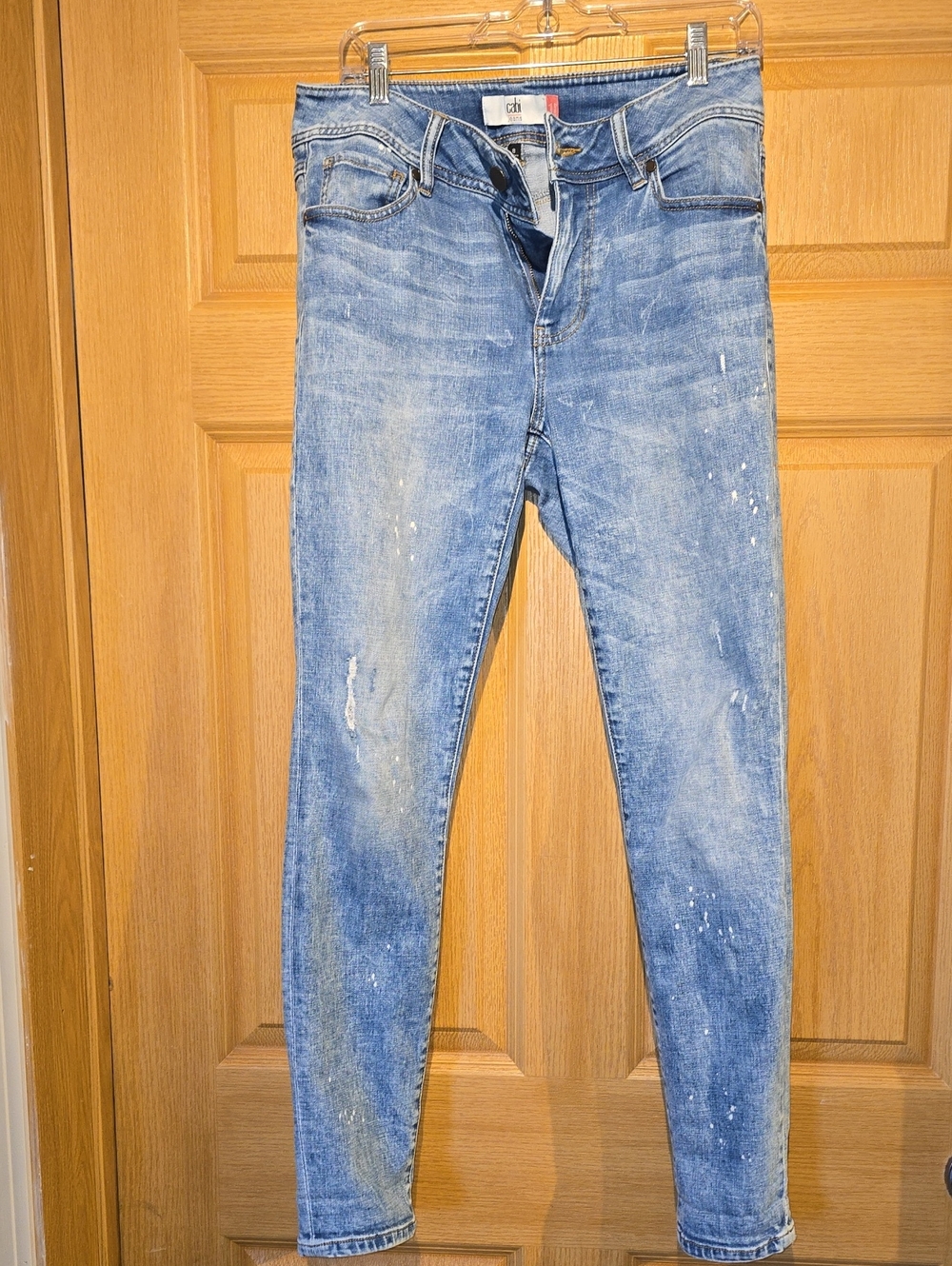 CAbi Light Blue Skinny Jeans with Faded, Paint-Splatter Detail